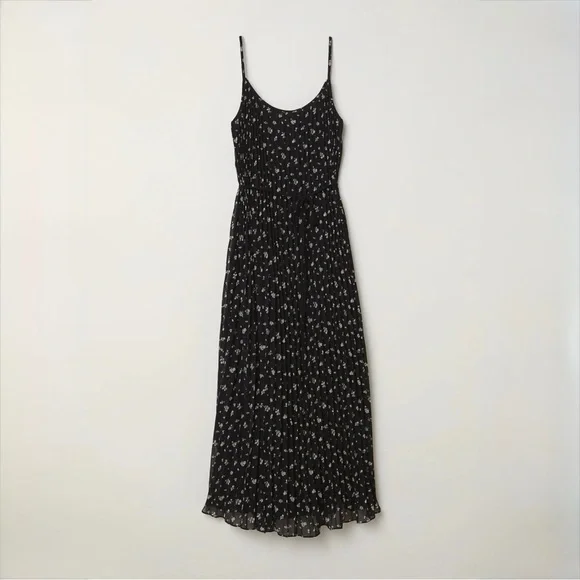 H&M Black Floral Pleated Midi Dress Size XS Spaghetti Strap Lightweight Summer - Picture 11 of 11